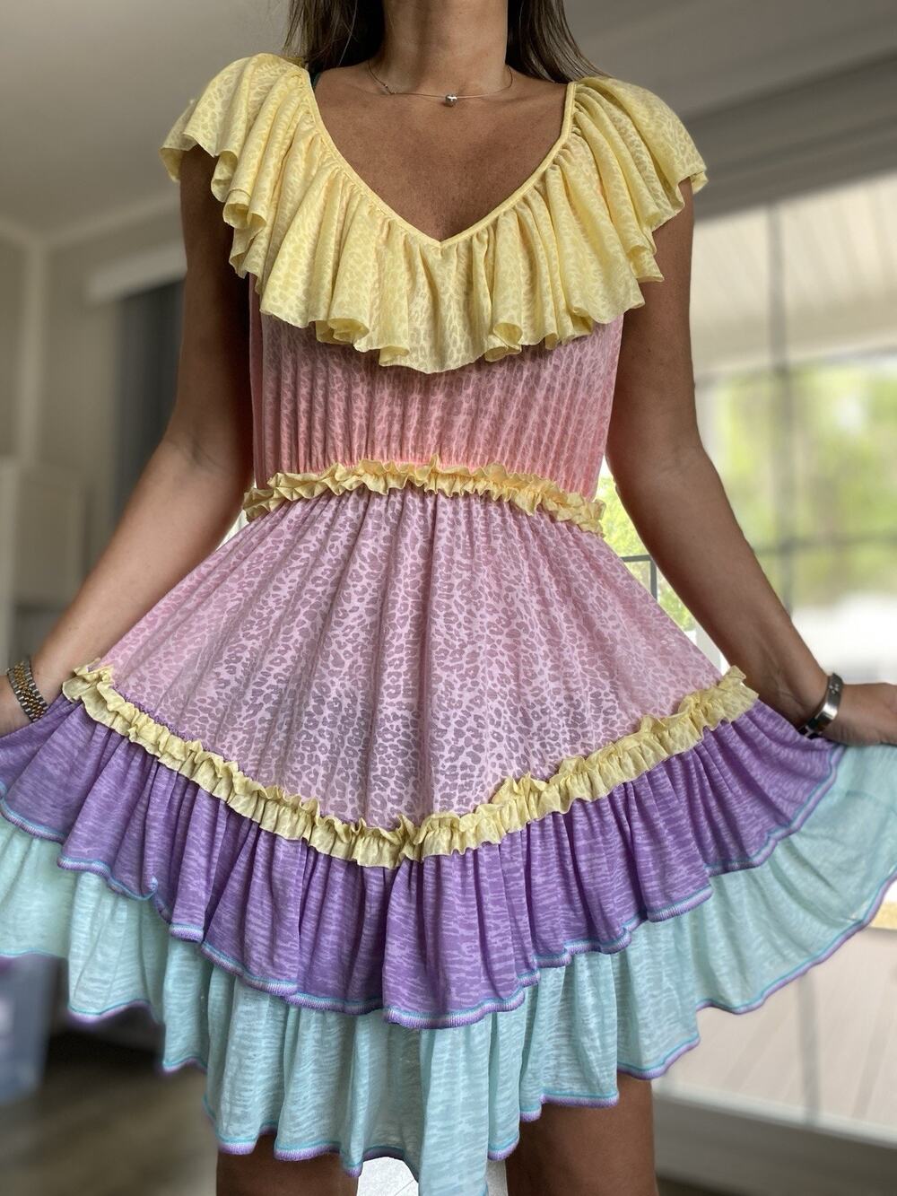 PITUSA PASTEL RAINBOW RUFFLE MINI DRESS M see measurements
